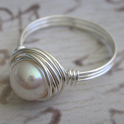 Rings on Wire Wrapped Sterling Silver White Freshwater Pearl Ring   Perfections